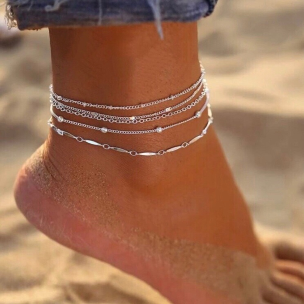 3/$30 5 Piece Silver Anklet Set
